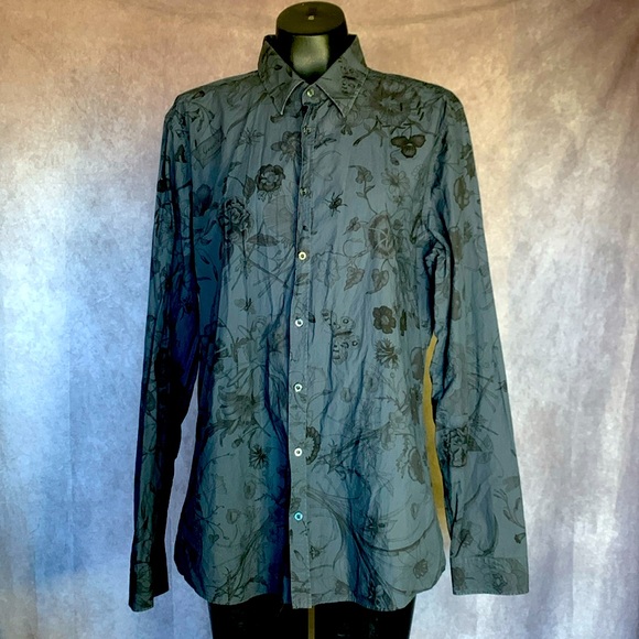 Gucci Gray Black Floral Butterfly Grasshopper Button Up Collared Dress Shirt 44 - Picture 1 of 13